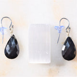 CHARGED Sterling Silver Black Tourmaline Crystal Earrings Faceted Oval DESIGNER